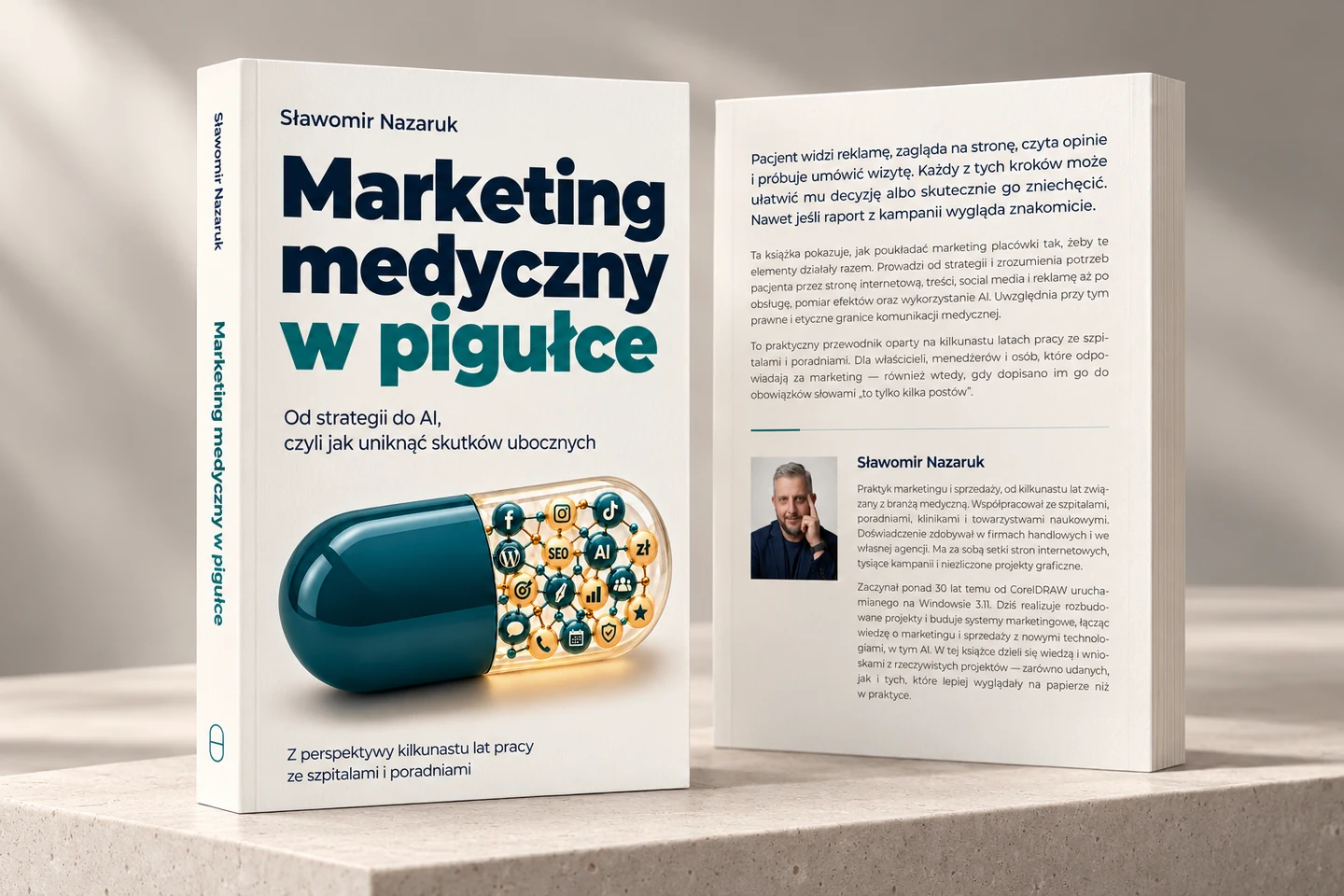 Książka „Marketing medyczny w pigułce”, widok przodu i tyłu.